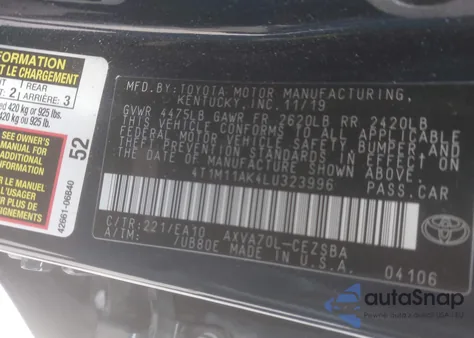 2020 Toyota Camry Se from USA, damaged, VIN 4T1M11AK4LU323996